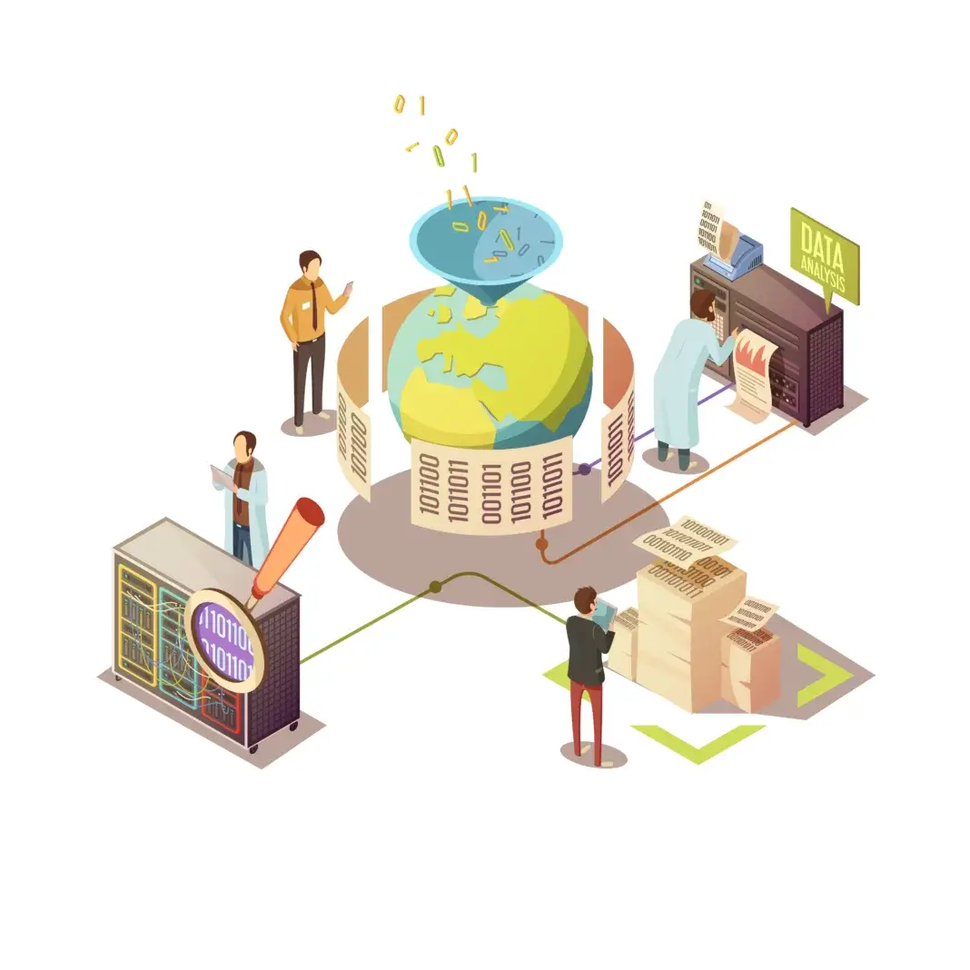 llustration conceptuelle du fonctionnement d’un système d’information tel que SIRENA. Au centre, un globe symbolise la centralisation nationale des données, alimenté par un entonnoir représentant le recueil des signalements. Autour, des professionnels analysent des données sur des serveurs et des postes informatiques reliés entre eux par des câbles. Des flux de chiffres binaires illustrent la collecte, le traitement, l’orientation et l’exploitation des informations. L’ensemble symbolise la centralisation, la traçabilité et l’analyse des signalements au service des autorités compétentes.