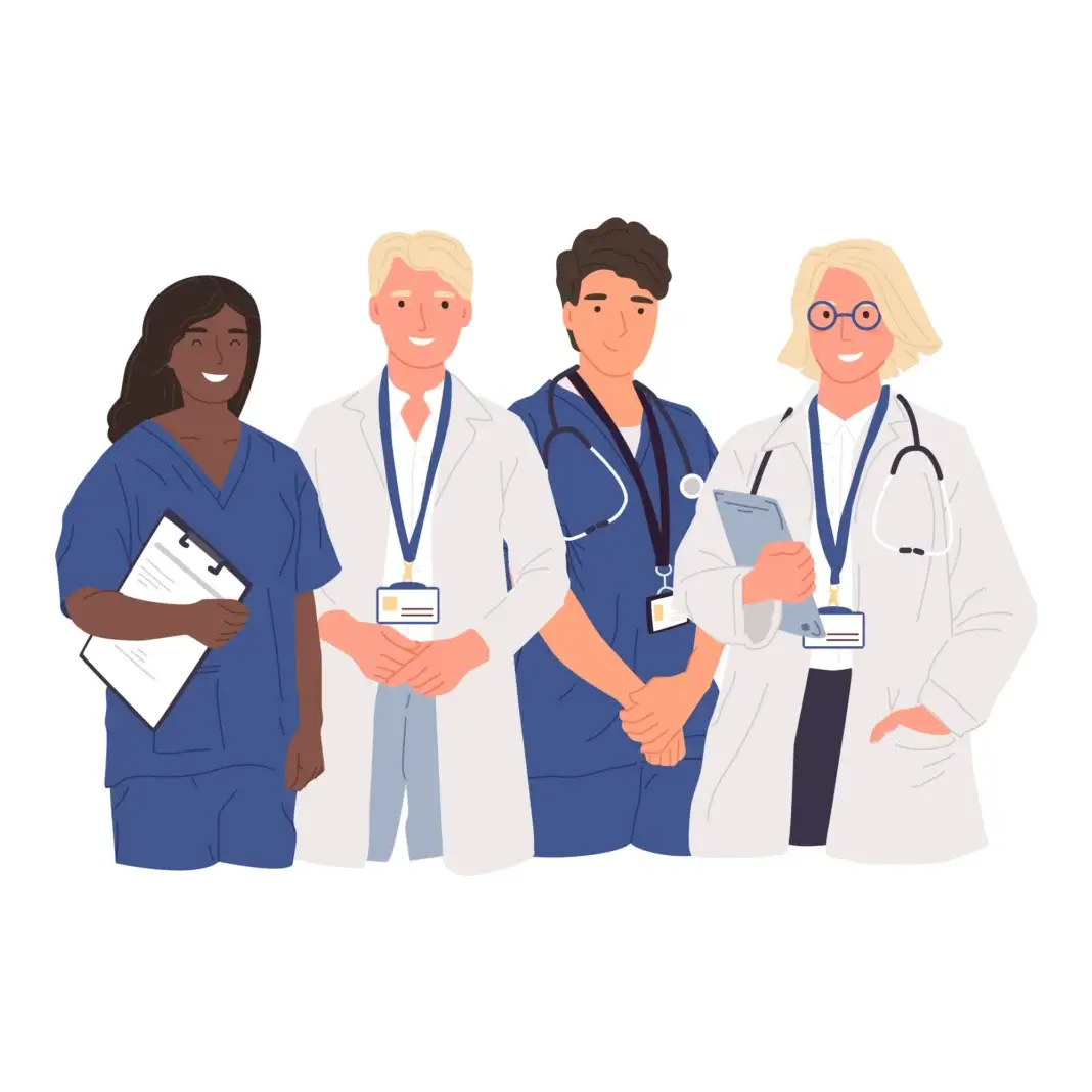 Illustration de quatre professionnels de santé côte à côte, souriants, portant des blouses ou tenues médicales, avec stéthoscopes et badges, l’un tenant un dossier et une autre une tablette, représentant une équipe soignante.