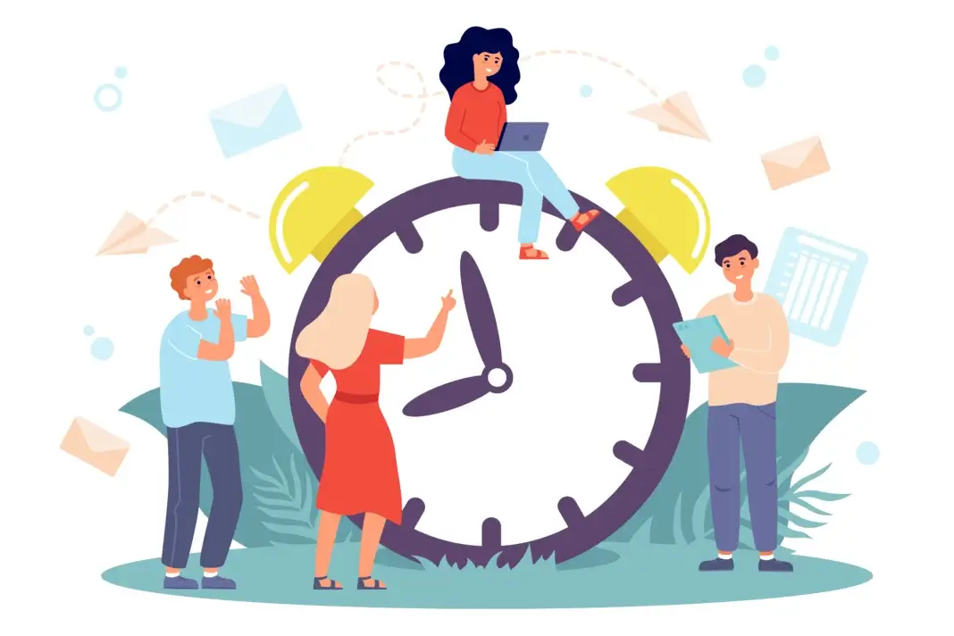 Illustration représentant quatre personnes autour d’une grande horloge. Une personne est assise au sommet de l’horloge avec un ordinateur portable, tandis que trois autres, debout, interagissent avec elle (discussion, indication, consultation de documents). Des éléments graphiques (enveloppes, avion en papier, bulles) évoquent la communication et l’organisation du temps.