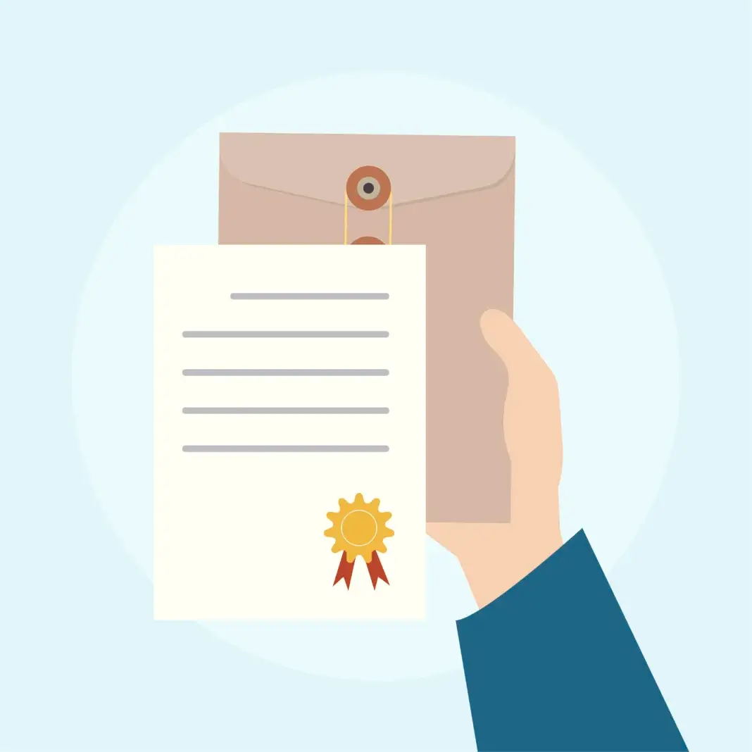 Illustration d’une attestation officielle tenue en main : un document certifié, marqué d’un sceau, partiellement sorti d’une enveloppe, symbolisant la vérification et la validation de l’honorabilité d’une personne.