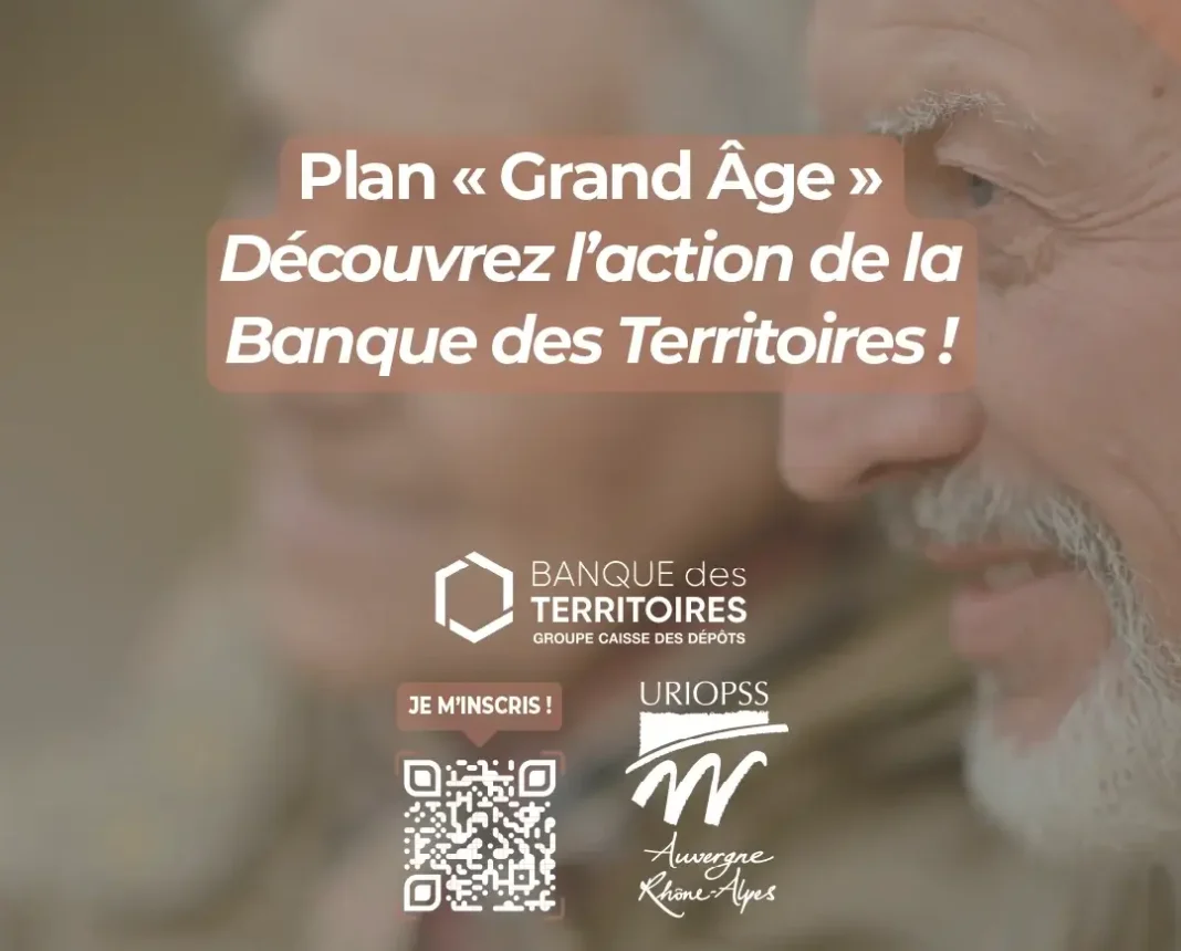 Visuel du Web’Café consacré au Plan Grand Âge, organisé le 24 juin de 8 h 45 à 9 h 30. Ce webinaire présente l’action de la Banque des Territoires en faveur du grand âge, en partenariat avec l’Uriopss Auvergne-Rhône-Alpes.