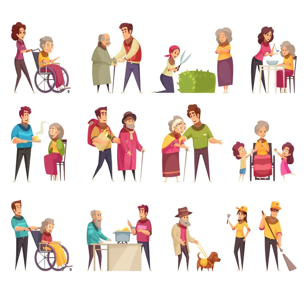 Illustration représentant différents profils de proches aidants, femmes et hommes de tous âges, accompagnant des personnes âgées dans les gestes du quotidien : déplacements, repas, courses, jardinage, sorties ou soutien relationnel. Cette diversité interroge la capacité des familles et de la société à continuer d’assumer ce rôle demain.